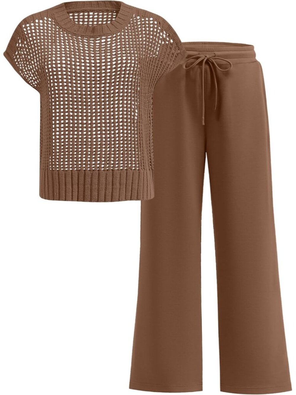 🆕Women Brown Two Piece Outfits Crochet Sheer Knit Sweater Top Wide Leg Pants